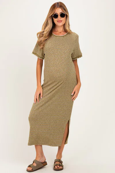 PinkBlush Olive Striped Knit Scallop Accent Maternity Maxi Dress