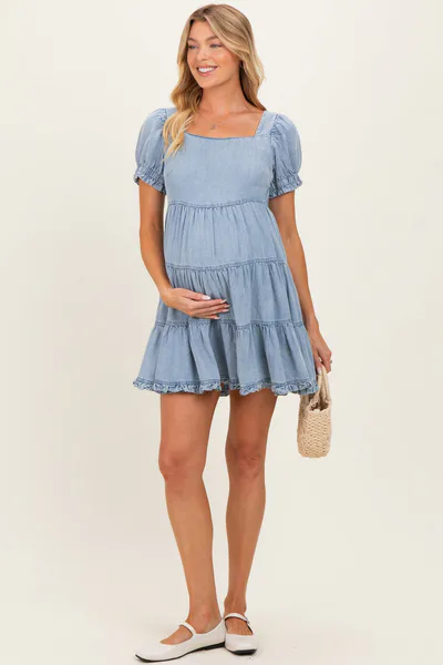 PinkBlush Light Blue Denim Washed Chambray Tiered Babydoll Maternity Mini Dress