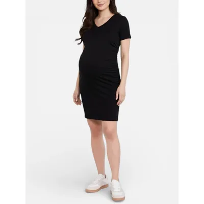 Target Women's V-Neck Short Sleeve Side Ruched Bodycon Maternity Mini Dress - Black - Size: Medium - Motherhood Maternity