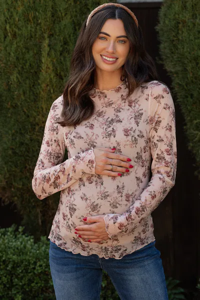 PinkBlush Cream Rose Floral Mesh Maternity Long Sleeve Top