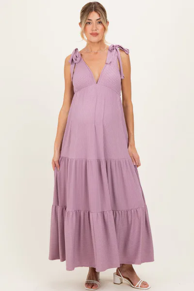 PinkBlush Violet Shoulder Tie Ribbed Tiered Maternity Maxi Dress
