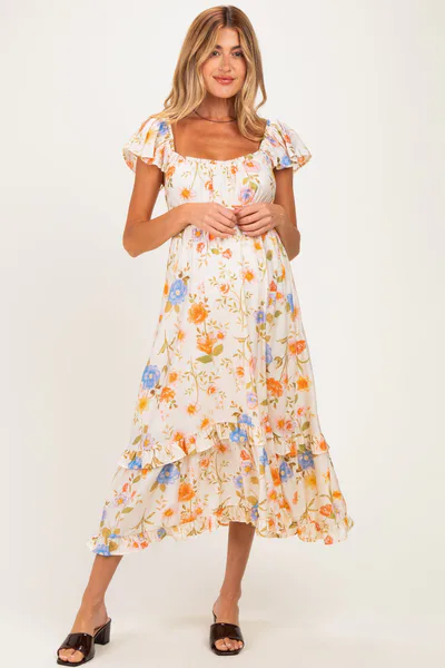 PinkBlush Ivory Floral Ruffle Accent Maternity Midi Dress