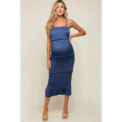 Target Pinkblush Blue Satin Smocked Fitted Maternity Maxi Dress Small