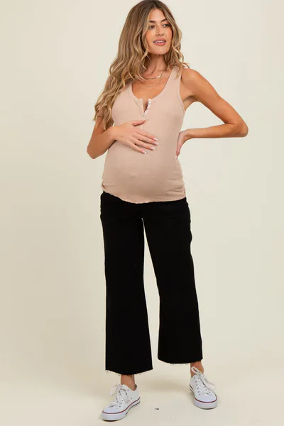 PinkBlush Black Raw Hem Cropped Wide Leg Maternity Jeans