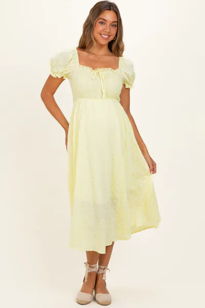 PinkBlush Yellow Square Neck Puff Sleeve Maternity Midi Dress