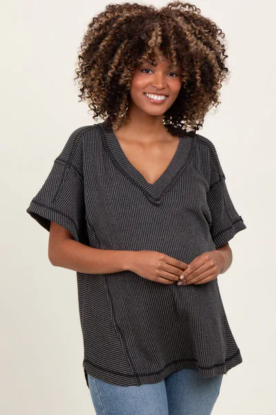 PinkBlush Charcoal Ribbed Raw Hem Maternity Short Sleeve Top