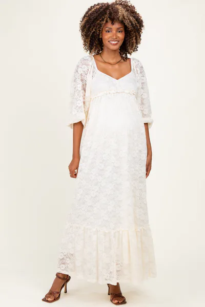 PinkBlush Ivory Lace Long Sleeve Maternity Maxi Dress