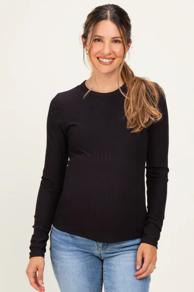 PinkBlush Black Brushed Rib Knit Maternity Long Sleeve Top