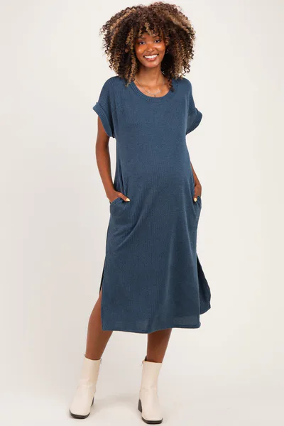 PinkBlush Hunter Green Short Sleeve Ribbed Maternity Maxi Dress