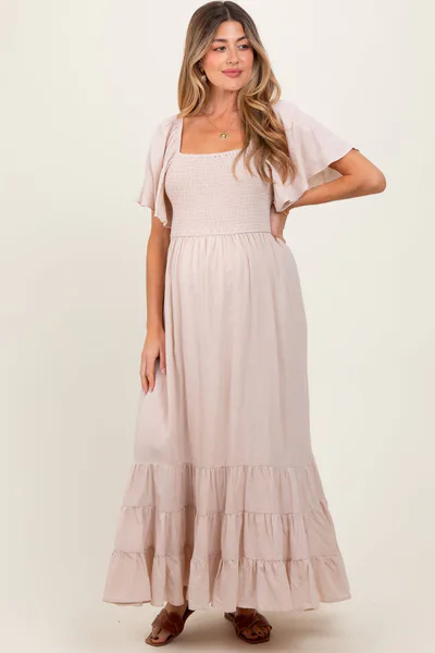 PinkBlush Cream Smocked Cotton Flutter Sleeve Maternity Maxi Dress