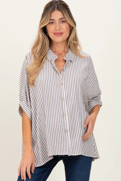 PinkBlush Brown Striped Button Up Dolman Maternity Top