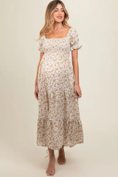 PinkBlush Cream Floral Smocked Square Neck Tiered Puff Short Sleeve Maternity Maxi Dress
