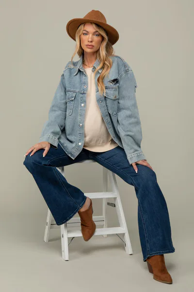 PinkBlush Light Blue Front Pocket Denim Maternity Shacket