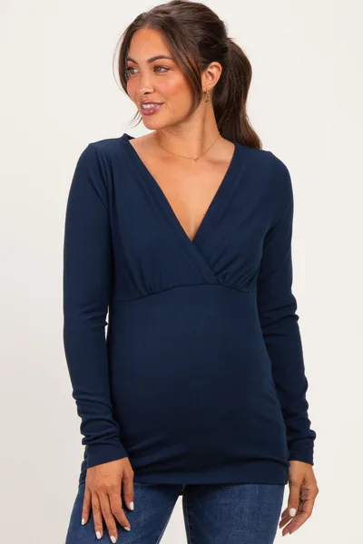 PinkBlush Navy Fitted Long Sleeve Wrap V-Neck Maternity Top