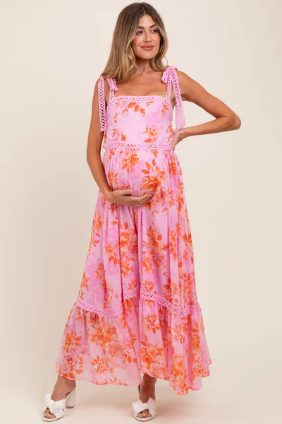 PinkBlush Pink Floral Shoulder Tie Tiered Maternity Maxi Dress