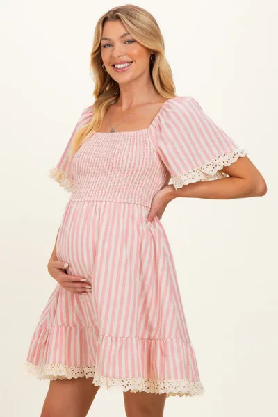 PinkBlush Light Pink Striped Smocked Lace Trim Maternity Dress