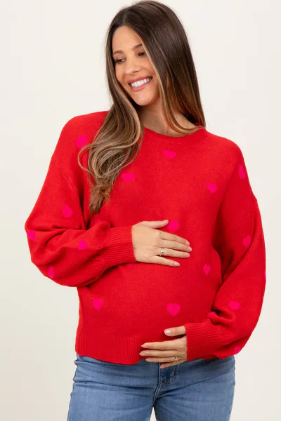 PinkBlush Red Heart Print Oversized Maternity Sweater