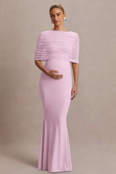 Club L London Zaria | Light Pink Crew-Neck Maternity Maxi Dress With Cape-Overlay