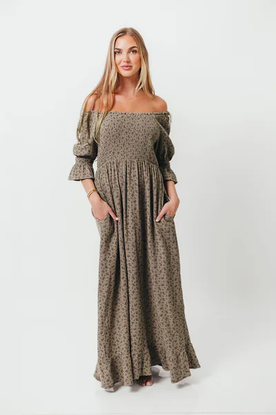 Worth Collective Sienna 100% Cotton Puff Sleeve Maxi Dress in Olive Foliage - Bump Friendly