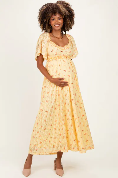 PinkBlush Yellow Floral Lace Maternity Maxi Dress