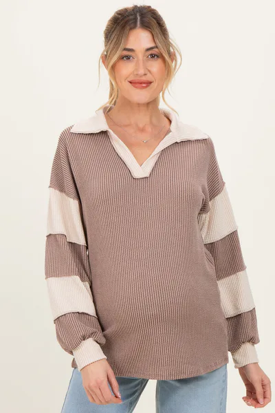 PinkBlush Mocha Long Sleeve Collar Solid Contrast Maternity Top