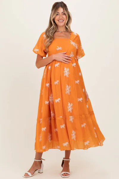 PinkBlush Tangerine Floral Print Ruffle Hem Maternity Midi Dress