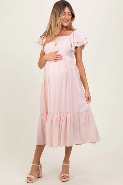 PinkBlush Light Pink Flutter Sleeve Maternity Midi Dress
