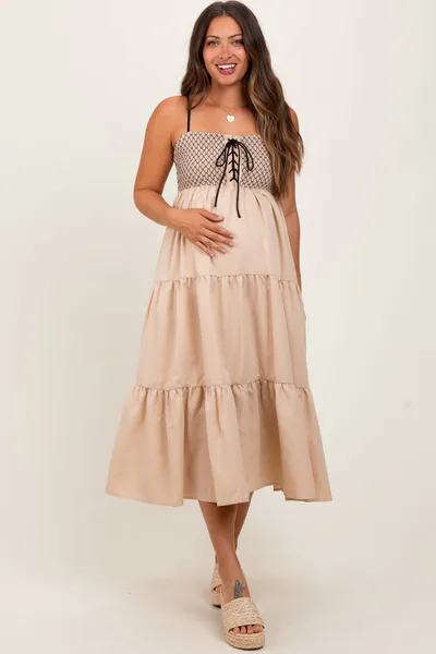 PinkBlush Beige Lace Up Smocked Bodice Tiered Maternity Midi Dress