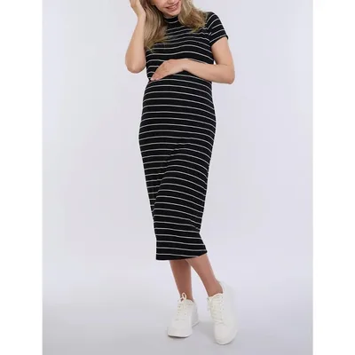 Target Women's Mock Neck Short Sleeve Ribbed Maternity Midi Dress - Black Stripe - Size: X Small - Motherhood Maternity