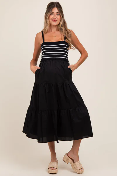 PinkBlush Black Striped Knit Top Tiered Maternity Midi Dress