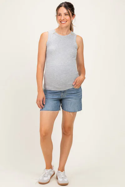 PinkBlush Blue Raw Hem Maternity Midi Denim Shorts