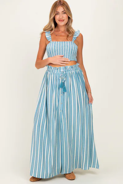 PinkBlush Blue Striped Smocked Crop Top Maxi Skirt Maternity Set