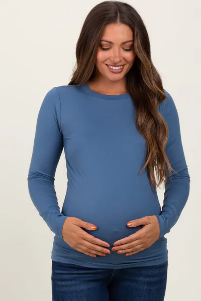 PinkBlush Blue Basic Long Sleeve Maternity Top