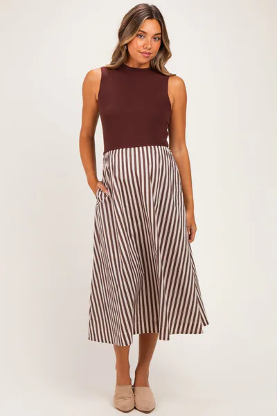PinkBlush Brown Sleeveless Mock Neck Contrast Striped Skirt Maternity Midi Dress