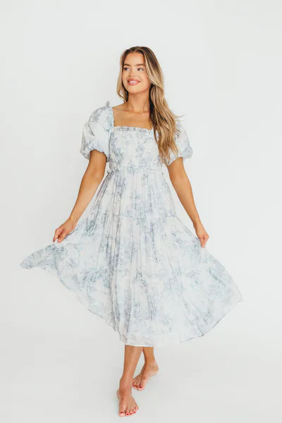 Worth Collective Elena Floral Print Smocked Midi Dress in Blue - Bump Friendly & Inclusive Sizing