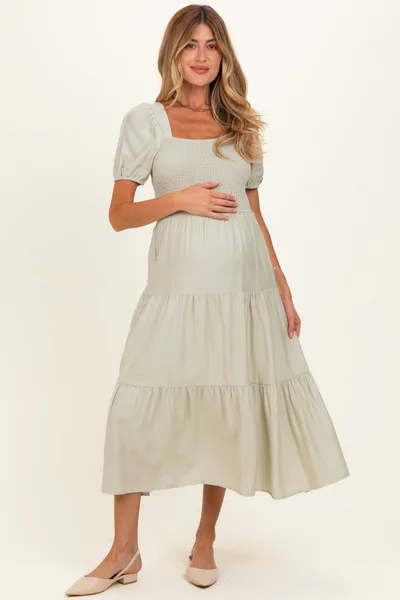 PinkBlush Sage Smocked Puff Sleeve Tiered Linen Maternity Midi Dress