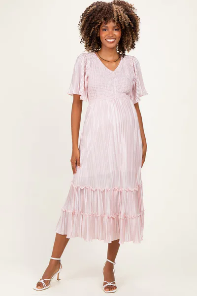 PinkBlush Pink Pleated Satin Smocked Maternity Midi Dress