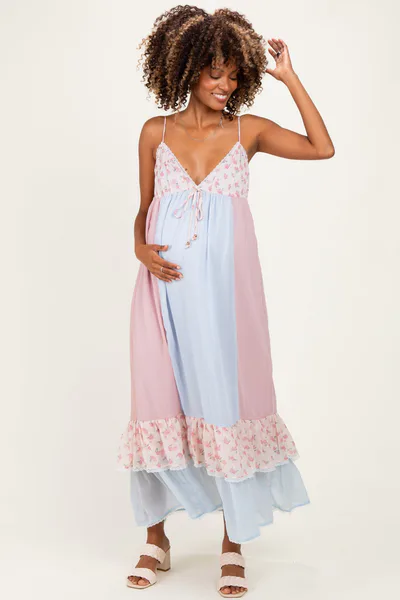 PinkBlush Light Blue Floral Colorblock Tiered Ruffle Maternity Maxi Dress