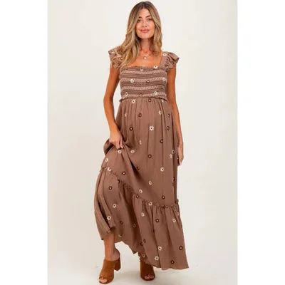 Target Pinkblush Mocha Floral Embroidered Smocked Maternity Maxi Dress Small