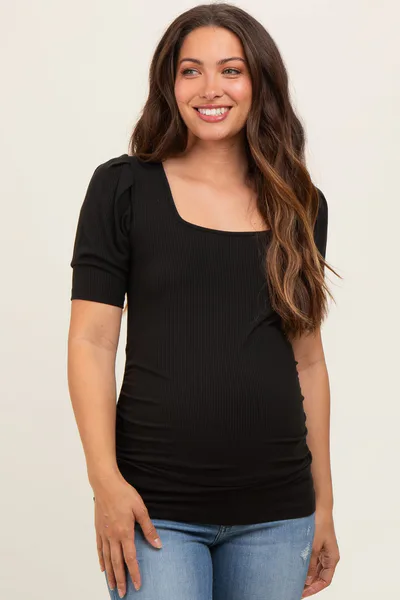 PinkBlush Black Ribbed Ruched Square Neck Puff Sleeve Maternity Top