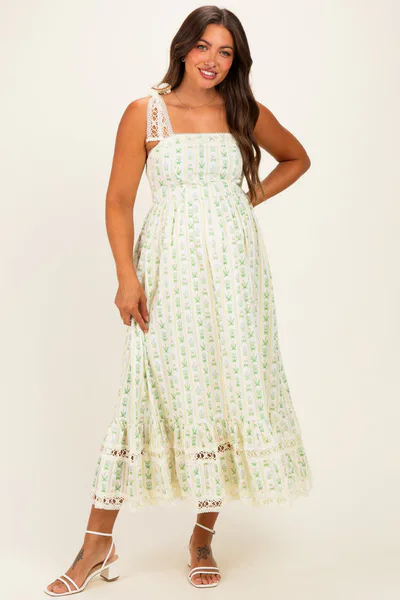 PinkBlush Ivory Floral Crochet Lace Detail Maternity Midi Dress