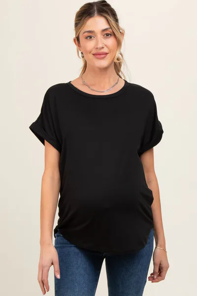 PinkBlush Black Rolled Cuff Maternity Short Sleeve Top