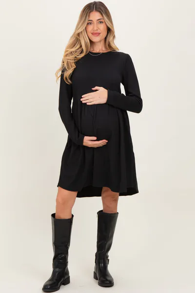 PinkBlush Black Textured Rib Long Sleeve Maternity Dress