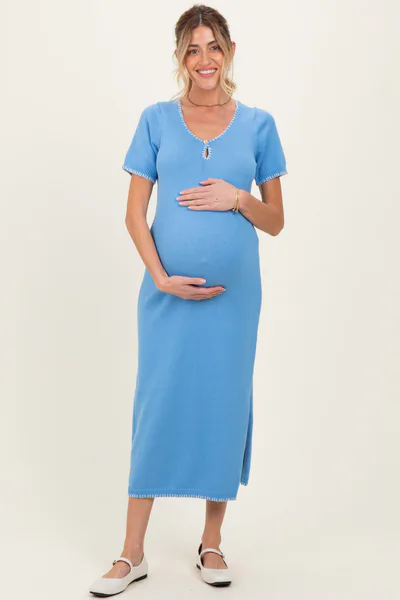 PinkBlush Blue Knit Contrast Stitch Detail Maternity Midi Dress