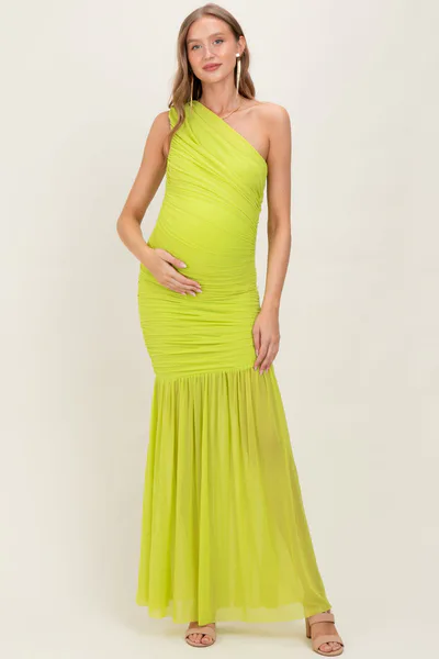 PinkBlush Lime Ruched Mesh One Shoulder Maternity Maxi Dress