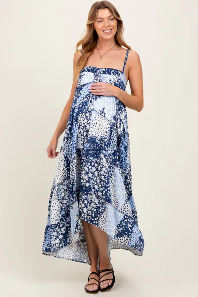 PinkBlush Navy Blue Floral Tiered Spaghetti Strap Maternity Maxi Dress