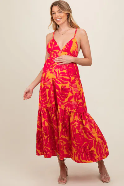 PinkBlush Coral Leaf Print Open Back Maternity Midi Dress