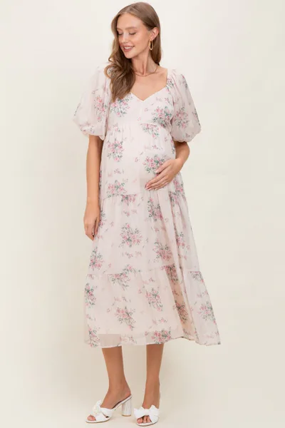 PinkBlush Cream Floral Striped Puff Sleeve Maternity Midi Dress