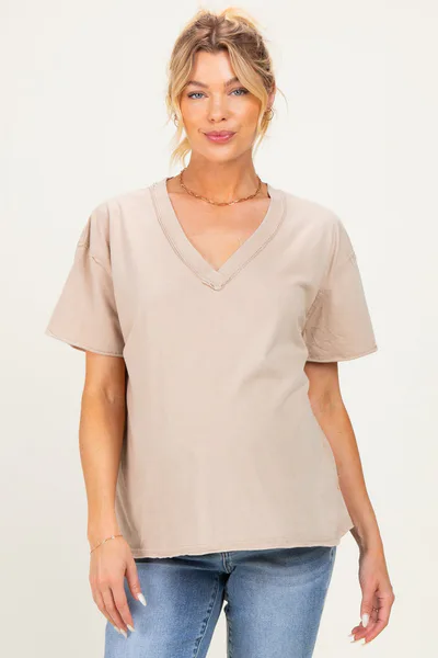 PinkBlush Beige Washed V-Neck Oversized Maternity Tee