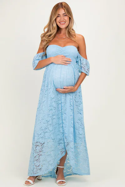 PinkBlush Light Blue Lace Off Shoulder Maternity Maxi Dress
